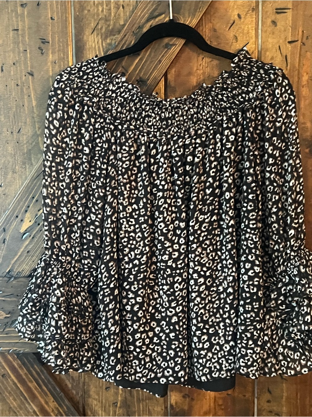 CeCe Smocked Off-Shoulder Leopard Print Top - Black & Cream